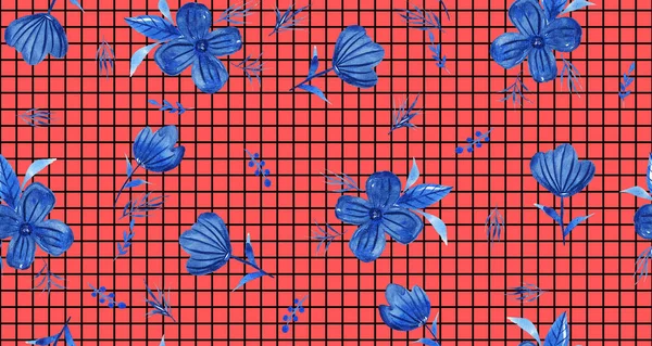 Ručně Kreslené Bezešvé Akvarel Pestrý Jasný Vzor Barevnými Květy Kostkovaném — Stock fotografie