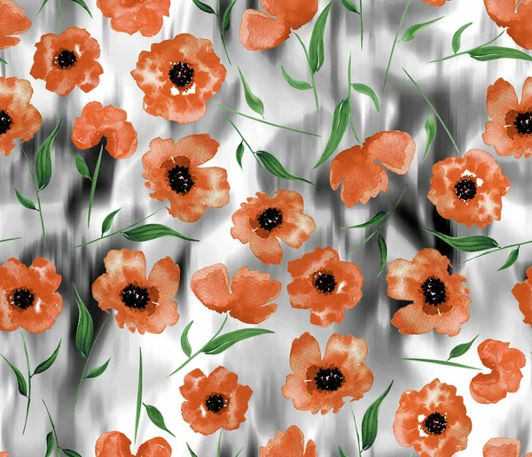 Hand Drawn Seamless Watercolor Colorful Bright Pattern Red Flowers — Fotografia de Stock