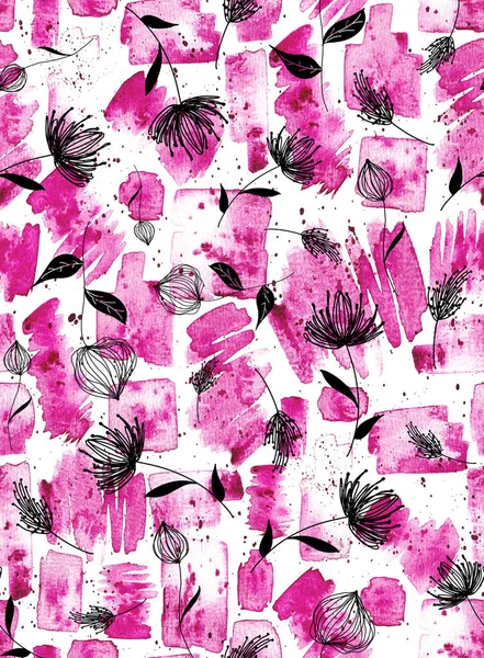 Hand Drawn Seamless Colorful Bright Pattern Watercolor Flowers Brush Strokes — Foto Stock