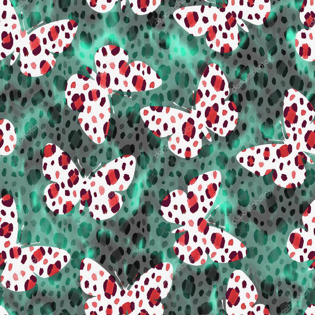 Seamless pattern with butterflies and faux leopard skin black spots