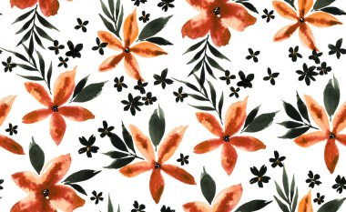 Renkli çiçeklerle renksiz, parlak desenli el çizimi