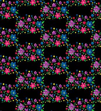 Renkli çiçeklerle renksiz, parlak desenli el çizimi