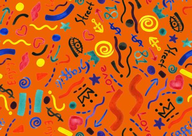 Renkli iç çekişler ve sembollerle renksiz parlak desenler çizilmiş. 