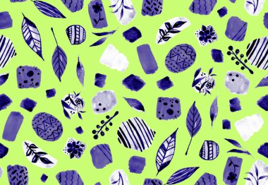 Paskalya yumurtaları, yapraklar ve suluboya şekilleri ile renksiz parlak desenler çizilmiş.