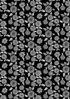 Renkli çiçeklerle renksiz, parlak desenli el çizimi