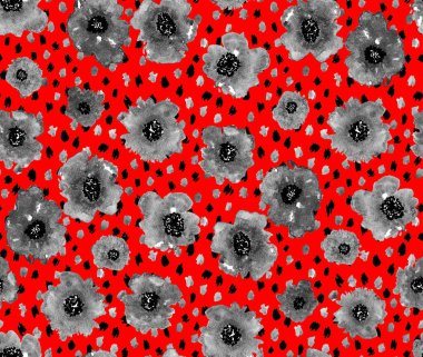 El çizimi, leopar deseni, siyah noktalar ve renkli çiçekler. 