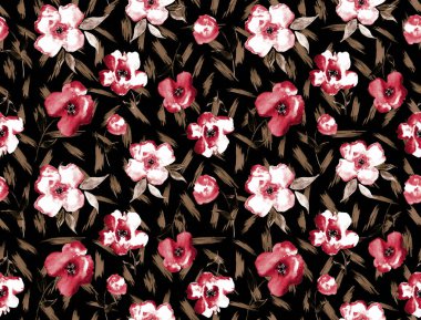 Renkli çiçeklerle renksiz, parlak desenli el çizimi