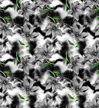 Kravat boyası arka planında renkli çiçeklerle renksiz parlak desenli el çizimi