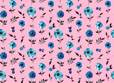 Renkli çiçeklerle renksiz, parlak desenli el çizimi