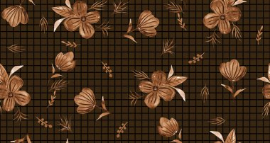 Kareli arka planda renkli çiçeklerle renksiz suluboya desenler çizilmiş.