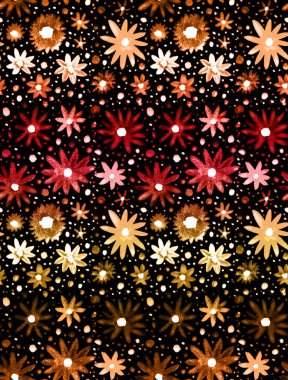 Renkli çiçekler ve noktalarla renksiz parlak desenler çizilmiş.