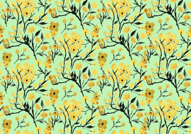 Japon dalları ve çiçekleriyle renksiz parlak desenli el çizimi.  