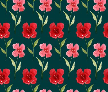 El çizimi pürüzsüz suluboya kırmızı çiçeklerle renkli parlak desen