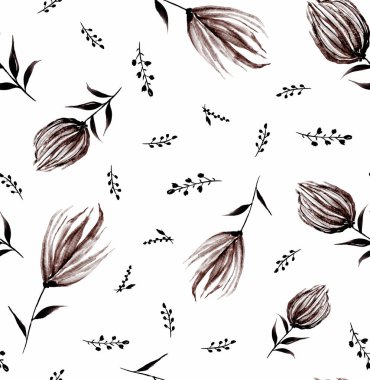 Renkli çiçeklerle renksiz, parlak desenli el çizimi 