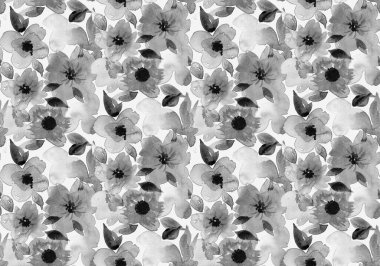 Renkli çiçeklerle renksiz, parlak desenli el çizimi