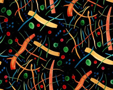 Boya lekeleri ve çizgilerle renksiz parlak desenler çizilmiş.