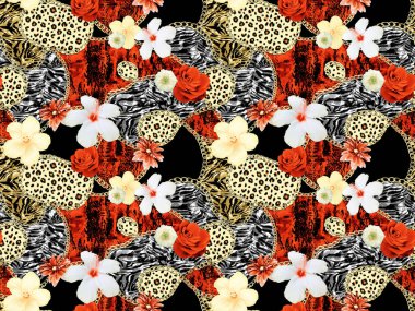 Renkli çiçekler ve leopar lekeleriyle kusursuz desen