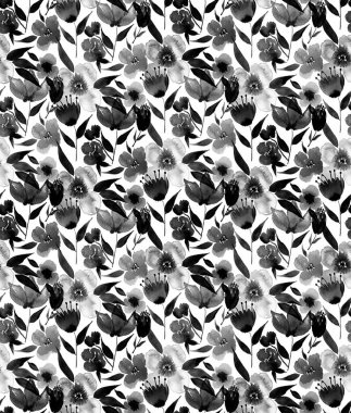 El çizimi pürüzsüz suluboya kırmızı çiçeklerle renkli parlak desen