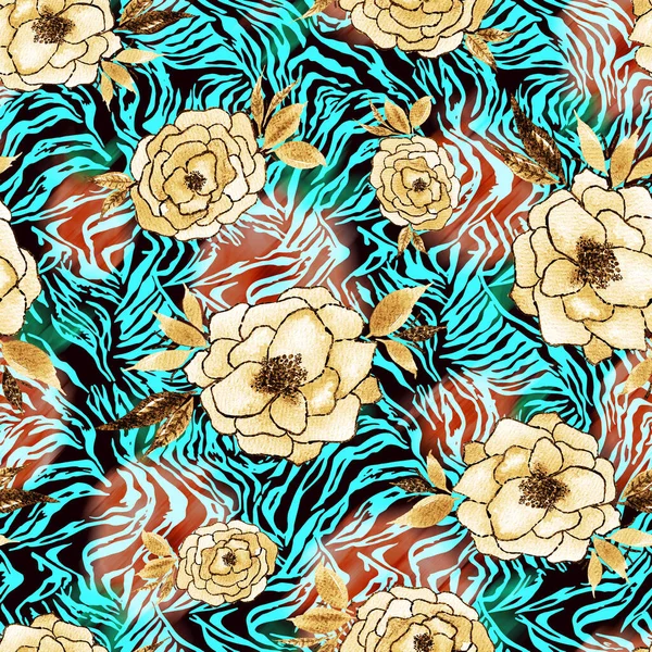 Hand Drawn Seamless Colorful Bright Pattern Colorful Flowers Zebra Background — Stock Photo, Image