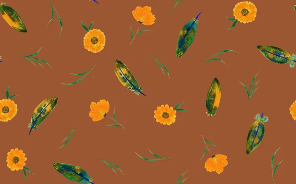 Hand Drawn Seamless Colorful Bright Pattern Orange Flowers — Stock Fotó
