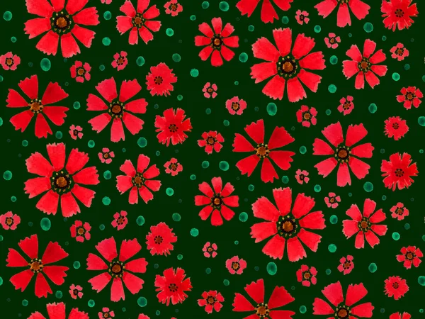 手描きのシームレスな水彩色鮮やかなパターンと赤い花 — ストック写真