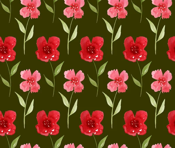 Hand Drawn Seamless Watercolor Colorful Bright Pattern Red Flowers — 图库照片