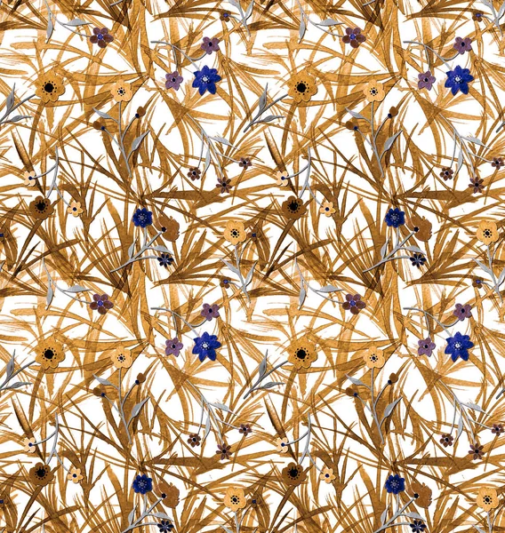カラフルな花や草でシームレスなカラフルな明るいパターンを描いた手 — ストック写真