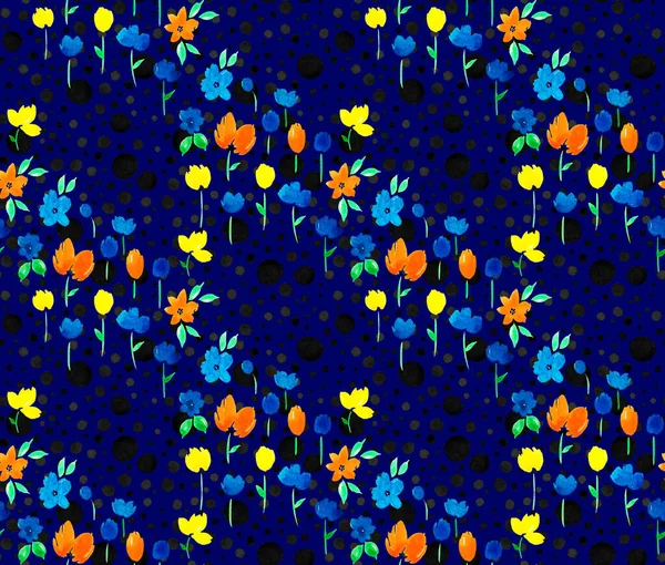 Ručně Kreslené Bezešvé Barevné Jasný Vzor Barevnými Květy Tečkami — Stock fotografie