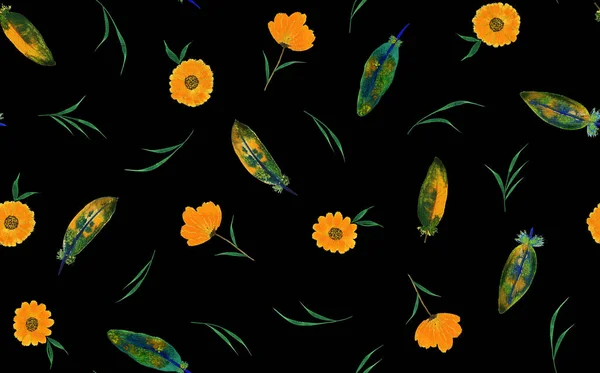 Ręcznie Rysowane Bezszwowe Kolorowy Jasny Wzór Pomarańczowymi Kwiatami — Zdjęcie stockowe