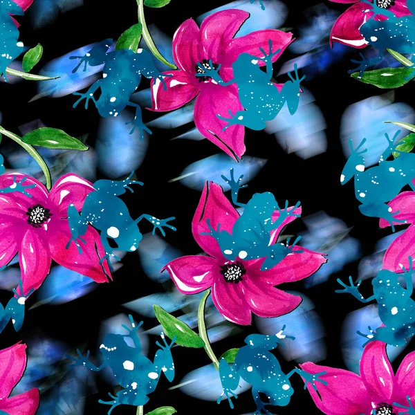 Handritade Sömlösa Ljusa Mönster Med Grodor Färgglada Blommor — Stockfoto
