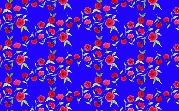 Ręcznie Rysowane Bezszwowe Akwarela Kolorowy Jasny Wzór Czerwonymi Kwiatami — Zdjęcie stockowe