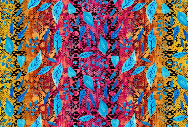 Handgetekend Naadloos Kleurrijk Slangenpatroon Met Bladeren — Stockfoto