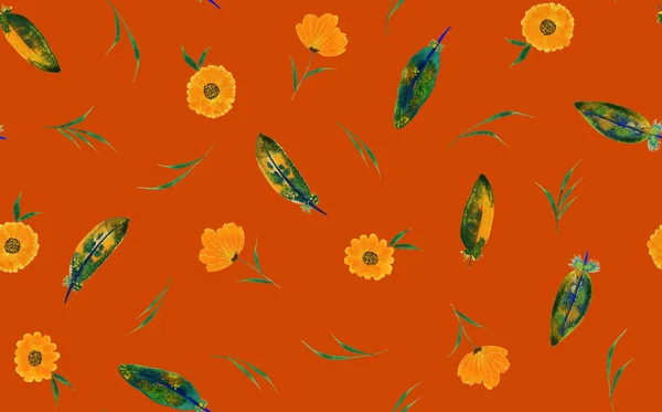 Hand Drawn Seamless Colorful Bright Pattern Orange Flowers — Stock Photo, Image