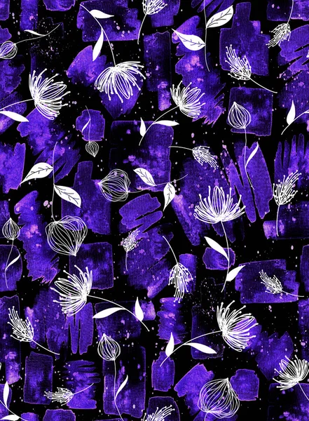 Ręcznie Rysowane Bezszwowy Kolorowy Jasny Wzór Akwarelowymi Kwiatami Pociągnięciami Pędzla — Zdjęcie stockowe