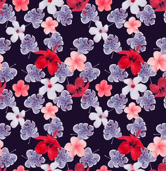 Nahtloses Muster Mit Tropischen Blättern Und Blüten — Stockfoto