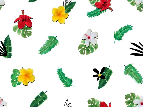 Tropik Yapraklar Çiçeklerle Kusursuz Desen — Stok fotoğraf