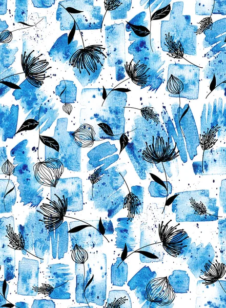 手描きの水彩花と筆致でシームレスなカラフルな明るいパターン — ストック写真