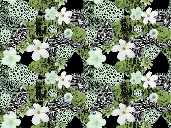 Seamless Pattern Colorful Flowers Leopard Spots — Stockfoto
