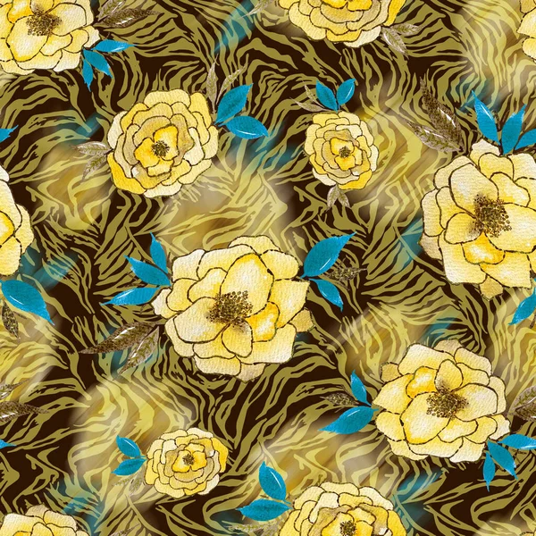 Ręcznie Rysowane Bezszwowy Kolorowy Jasny Wzór Kolorowymi Kwiatami Tle Zebry — Zdjęcie stockowe