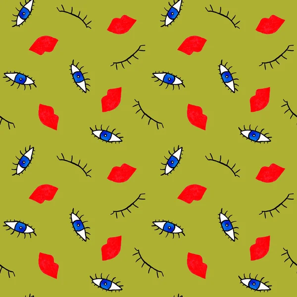 Abstract Seamless Colorful Bright Pattern Eyes Red Lips —  Fotos de Stock