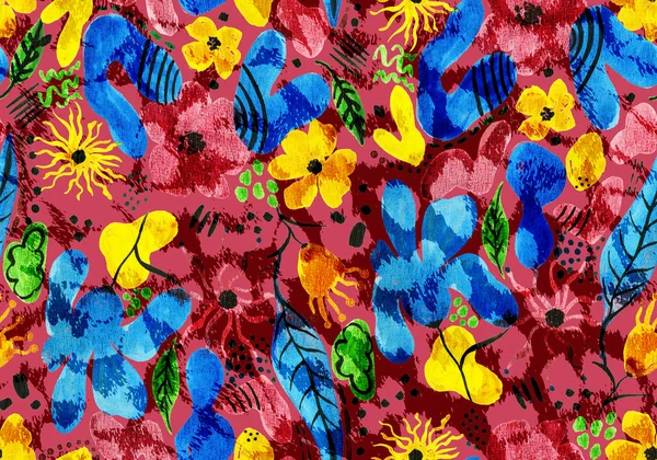 Ζωγραφισμένα Στο Χέρι Χωρίς Ραφή Πολύχρωμο Φωτεινό Μοτίβο Λουλούδια Και — Φωτογραφία Αρχείου