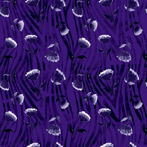 Hand Gezeichnetes Nahtloses Muster Mit Bunten Blumen Auf Gestreiftem Hintergrund — Stockfoto