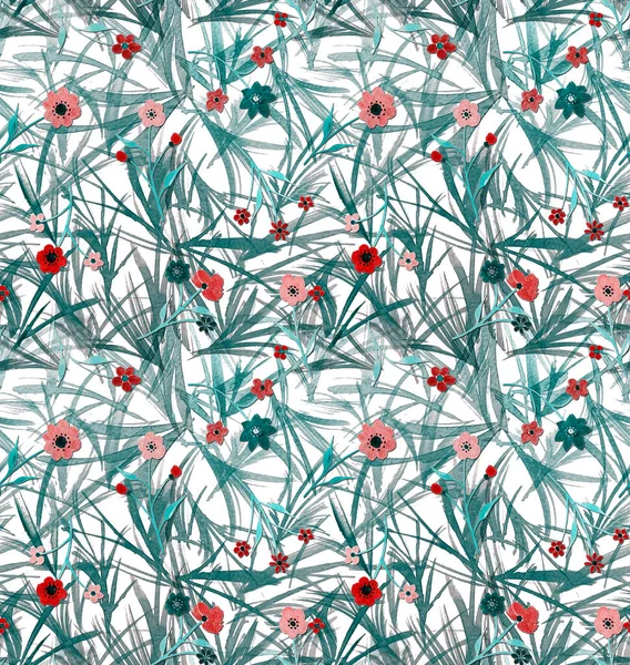 Ręcznie Rysowane Bezszwowe Kolorowy Jasny Wzór Kolorowymi Kwiatami Trawą — Zdjęcie stockowe