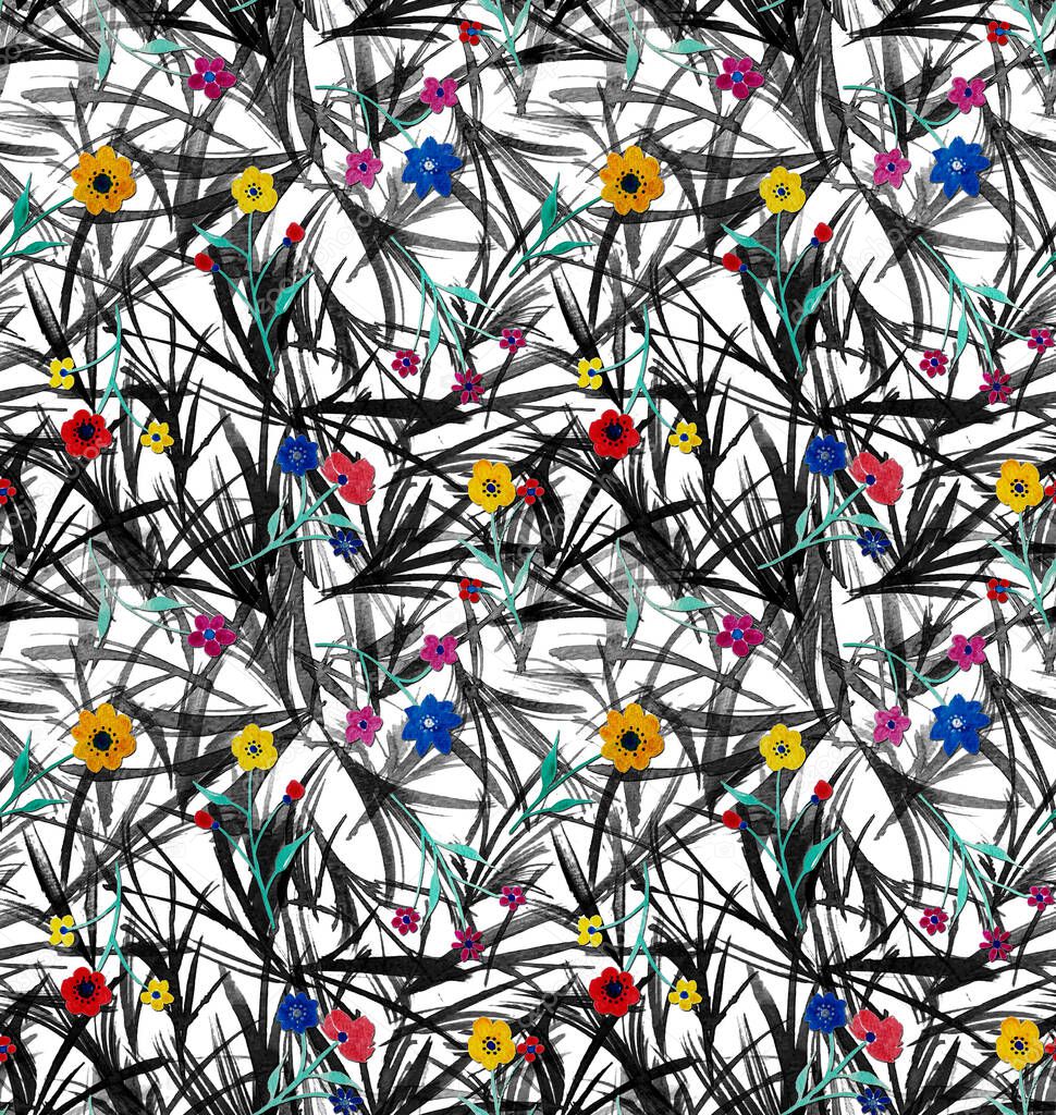 hand drawn seamless colorful bright pattern with colorful flowers and grass 