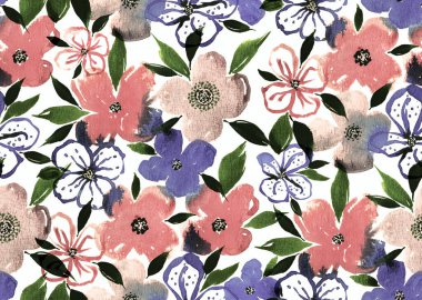 Renkli çiçeklerle renksiz, parlak desenli el çizimi