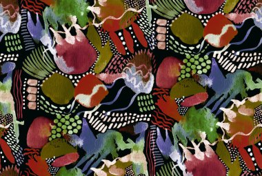 Renkli ve soyut yaratıcı sembollerle renksiz parlak desenler çizilmiş.