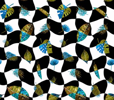 Tropikal yapraklarla renksiz, parlak damalı el çizimi 