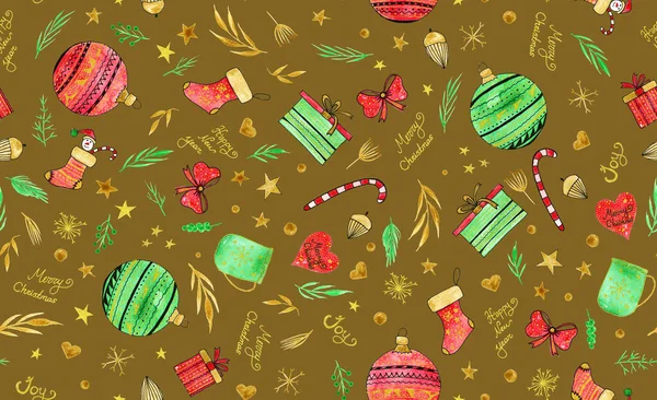 Hand Drawn Seamless Colorful Pattern Christmas Decorations — Stock Photo, Image