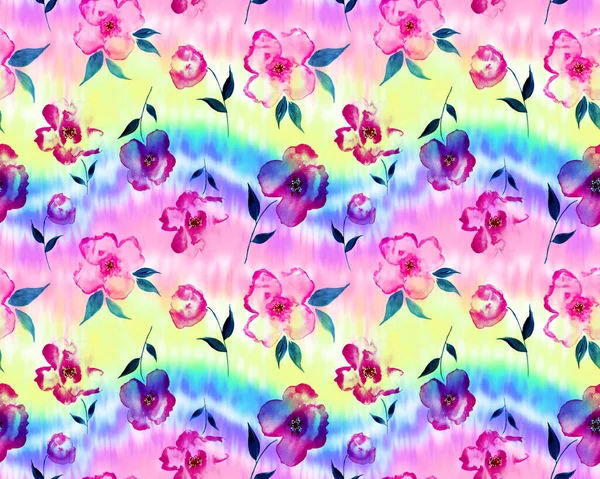 Hand Drawn Seamless Watercolor Colorful Bright Pattern Flowers — Stockfoto