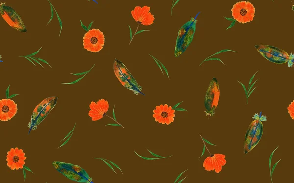 Ручной Работы Бесшовные Красочные Яркие Узоры Оранжевыми Цветами — стоковое фото